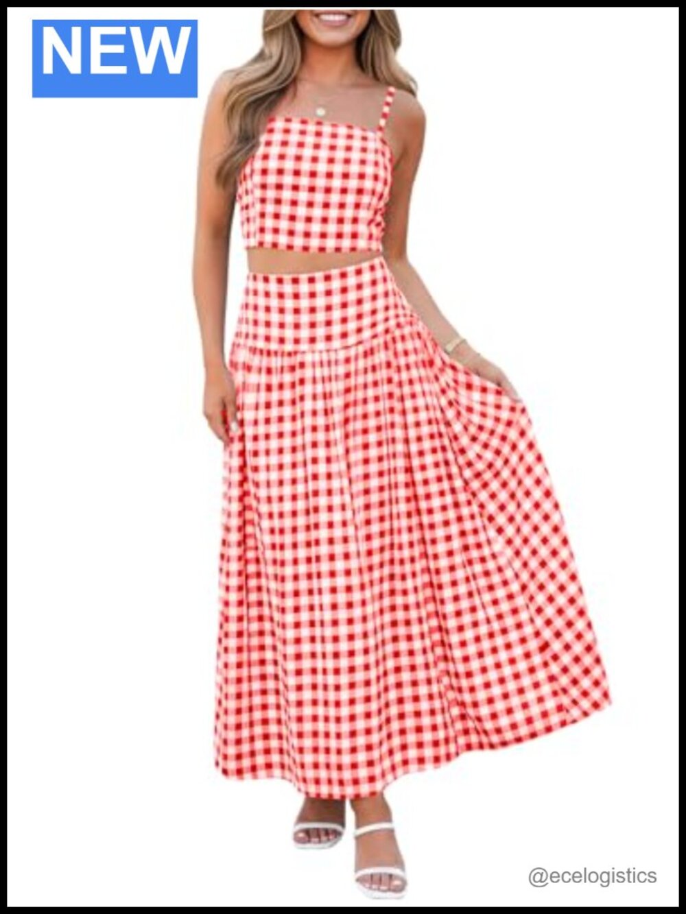 Women's 2 Piece Gingham Skirt Set Crop Tank Midi A-Line Summer Vacation